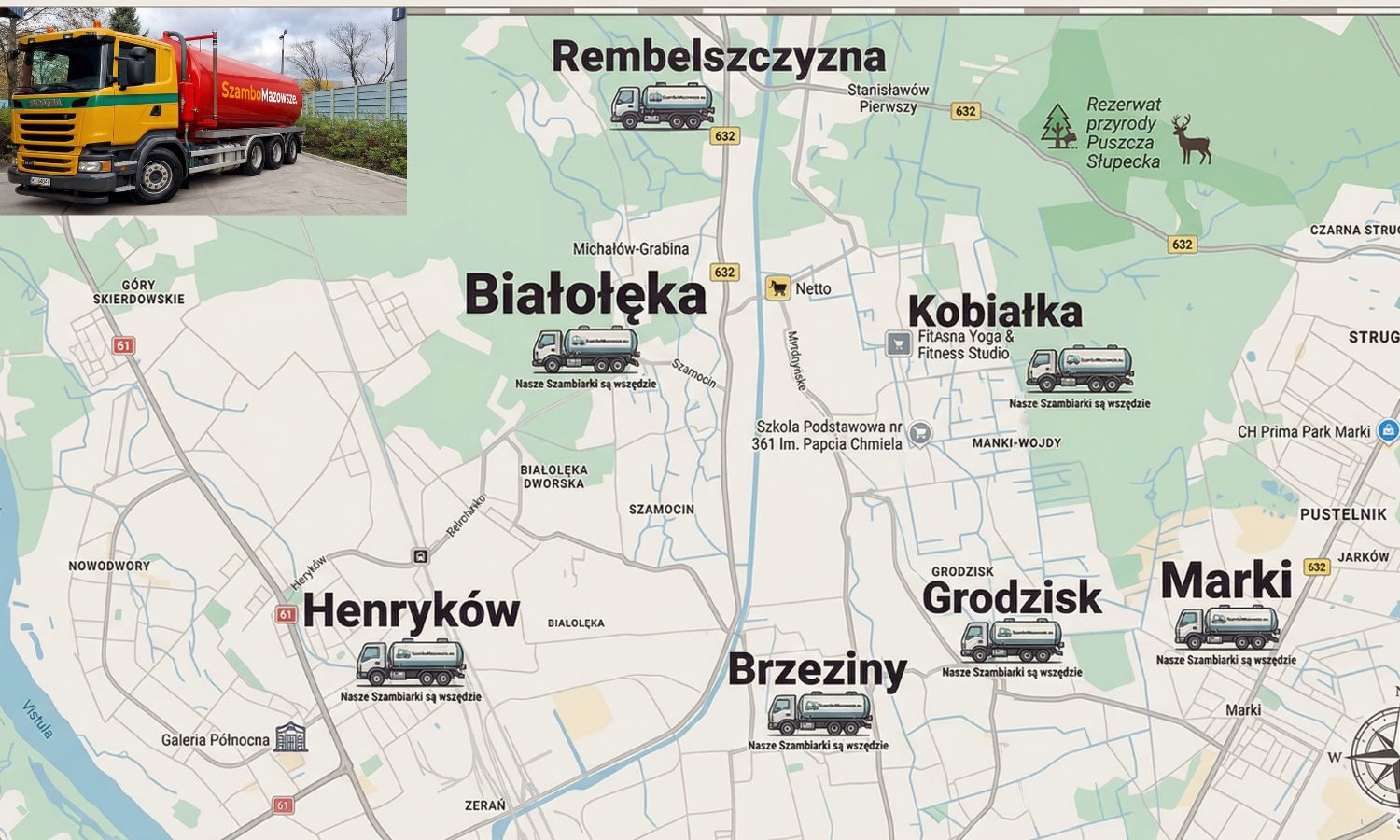 Mapa zasięgu usług wywozu szamba – Warszawa Białołęka i okolice
